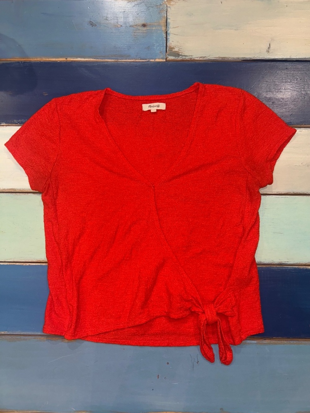 Madewell Wrap Tie Top Small Red Textured Knit V-Neck Short Sleeve